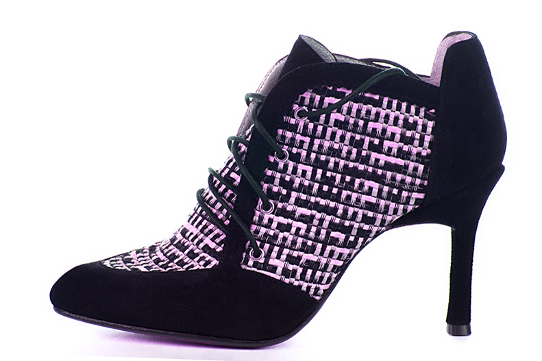 Matt black and hot pink women's fashion lace-up shoes. Pointed toe. Very high slim heel. Profile view - Florence KOOIJMAN