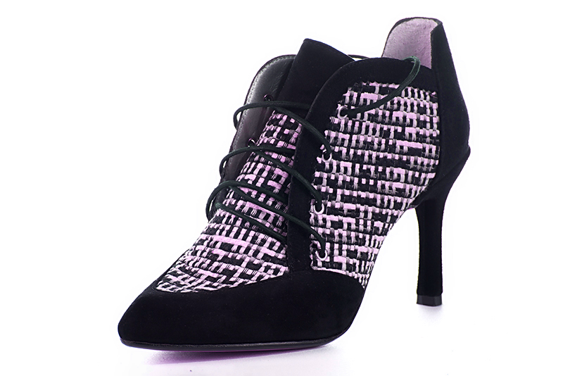Matt black and hot pink women's fashion lace-up shoes. Pointed toe. Very high slim heel. Front view - Florence KOOIJMAN