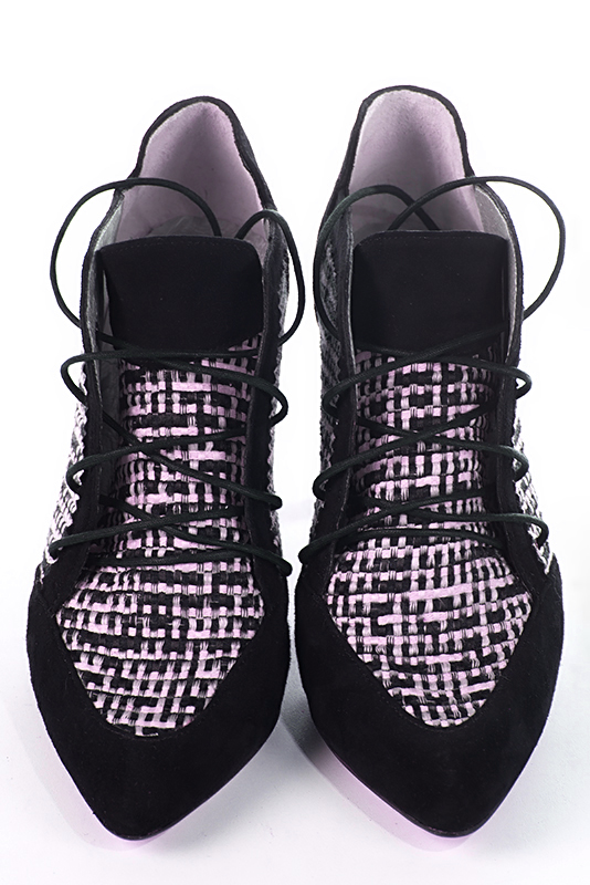 Matt black and hot pink women's fashion lace-up shoes. Pointed toe. Very high slim heel. Top view - Florence KOOIJMAN