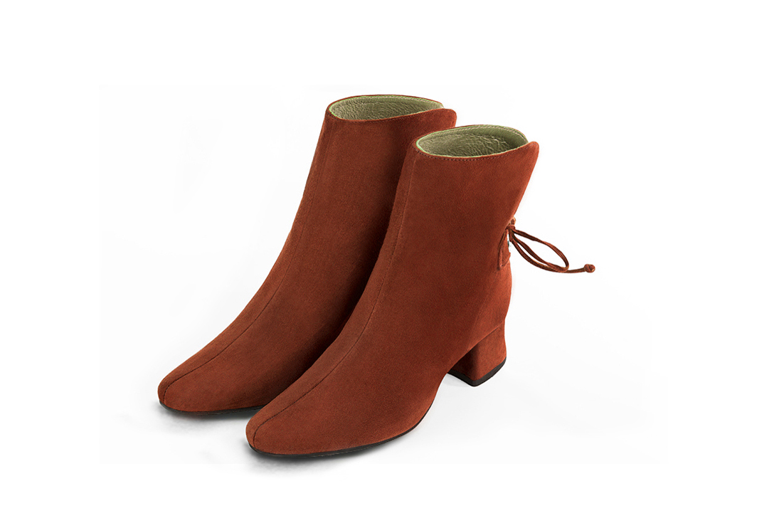 Terracotta orange women's booties with laces at the back. Round toe. Low flare heels - Florence KOOIJMAN
