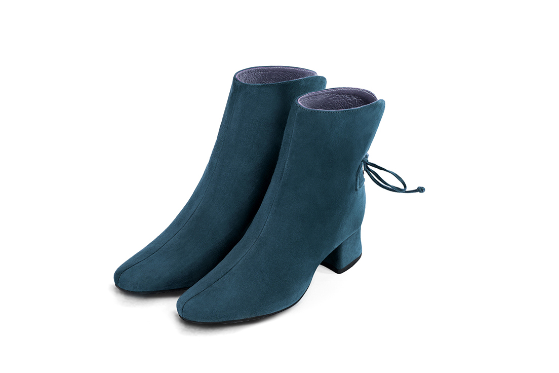 Peacock blue women's booties with laces at the back. Round toe. Low flare heels - Florence KOOIJMAN