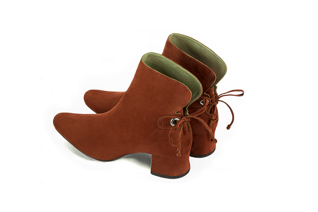 Terracotta orange women's ankle boots with laces at the back. Round toe. Low flare heels. Rear view - Florence KOOIJMAN