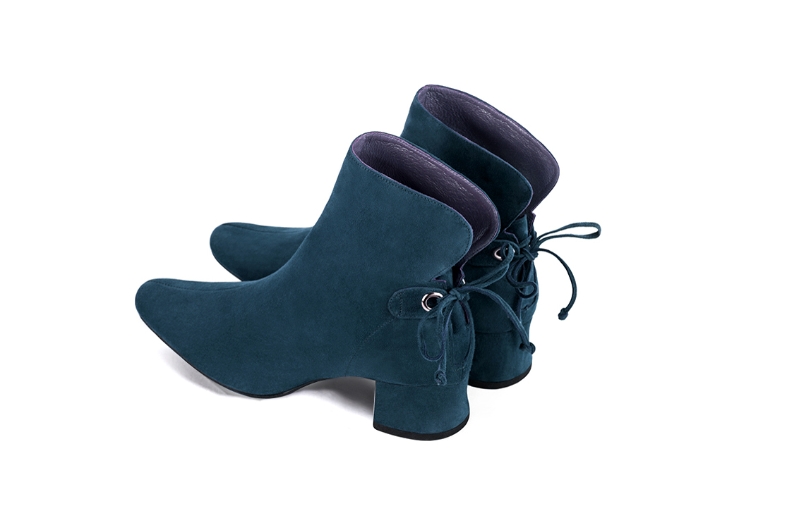 Peacock blue women's ankle boots with laces at the back. Round toe. Low flare heels. Rear view - Florence KOOIJMAN