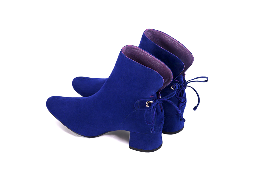 Electric blue women's ankle boots with laces at the back. Round toe. Low flare heels. Rear view - Florence KOOIJMAN