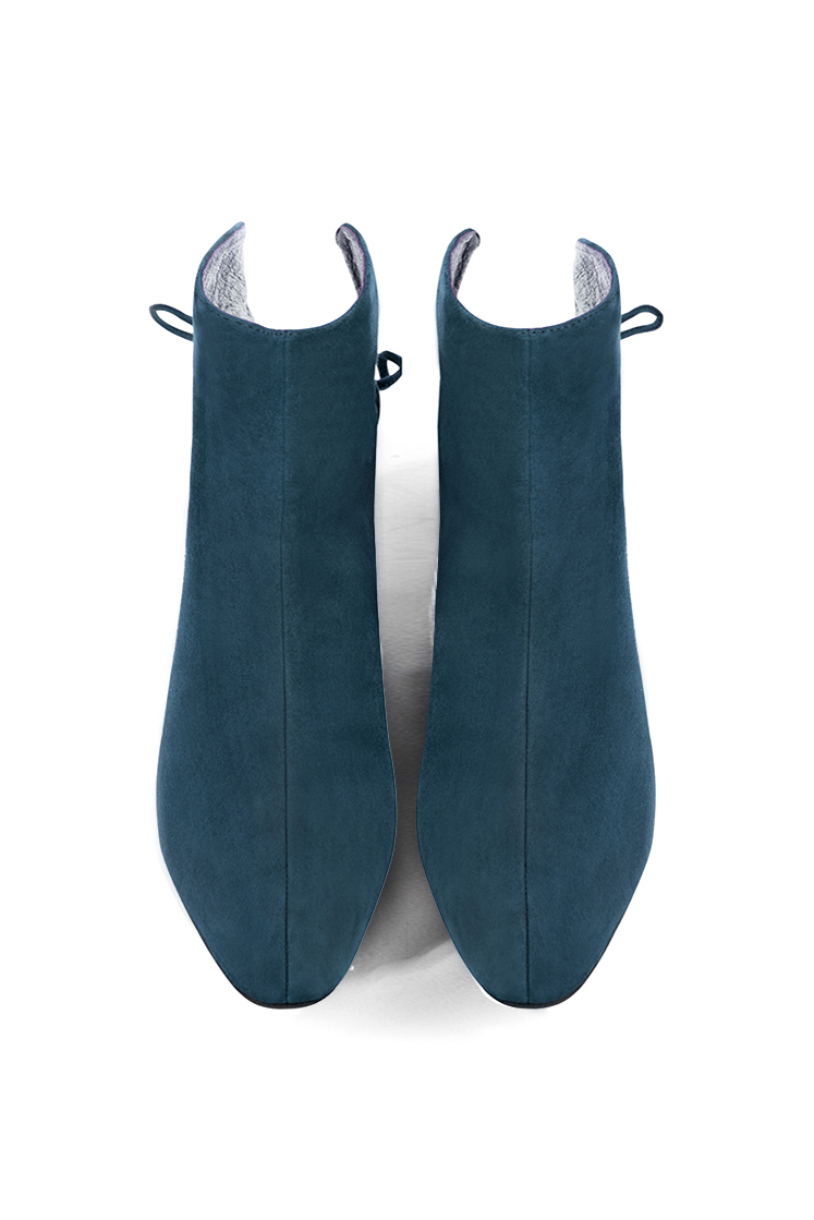Peacock blue women's ankle boots with laces at the back. Round toe. Low flare heels. Top view - Florence KOOIJMAN