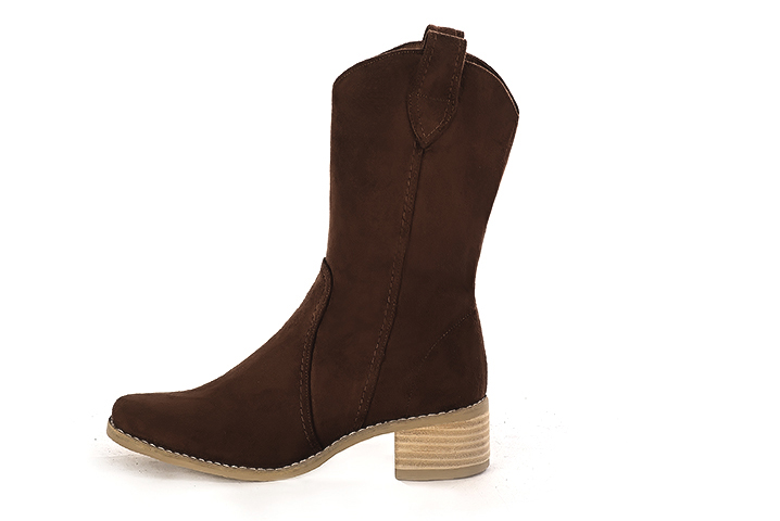 Dark brown women's ankle boots with a zip on the inside. Round toe. Low leather soles. Profile view - Florence KOOIJMAN