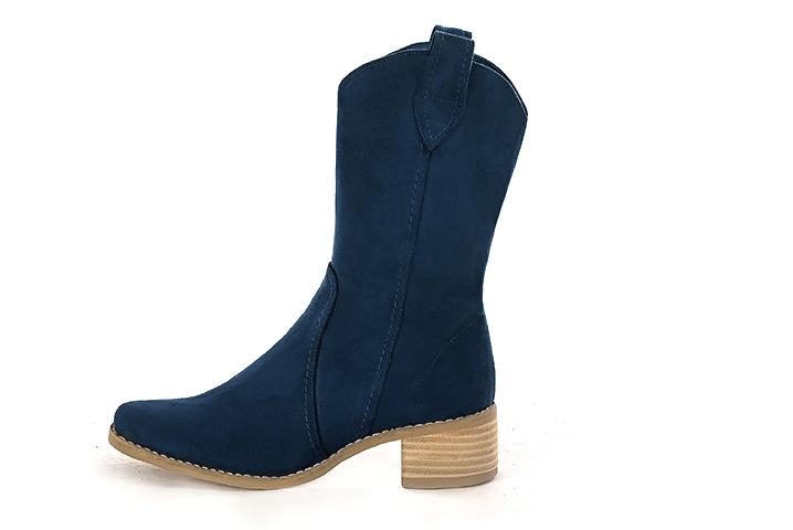 Navy blue women's ankle boots with a zip on the inside. Round toe. Low leather soles. Profile view - Florence KOOIJMAN