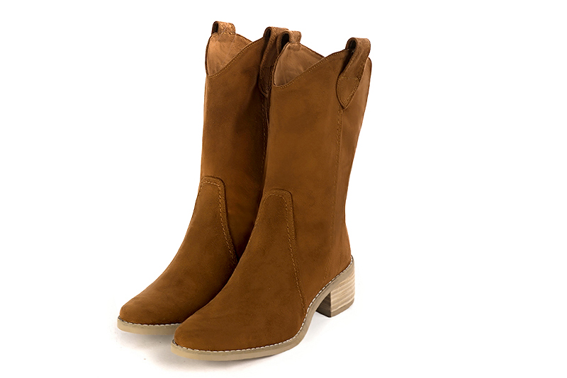 Caramel brown women's booties, with a zip on the inside. Round toe. Low leather soles - Florence KOOIJMAN
