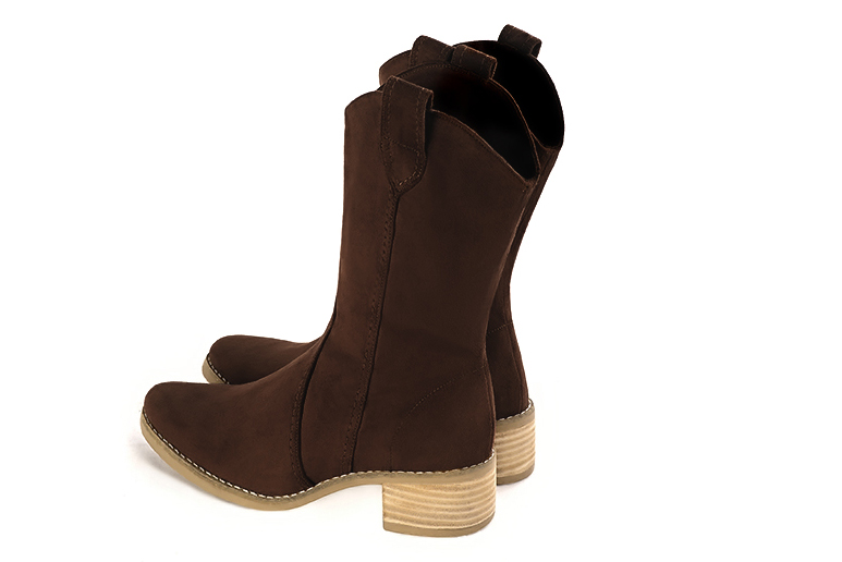 Dark brown women's ankle boots with a zip on the inside. Round toe. Low leather soles. Rear view - Florence KOOIJMAN
