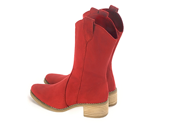 Scarlet red women's ankle boots with a zip on the inside. Round toe. Low leather soles. Rear view - Florence KOOIJMAN