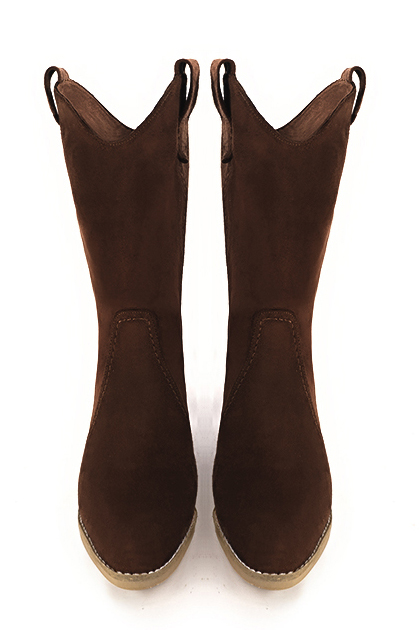 Dark brown women's ankle boots with a zip on the inside. Round toe. Low leather soles. Top view - Florence KOOIJMAN