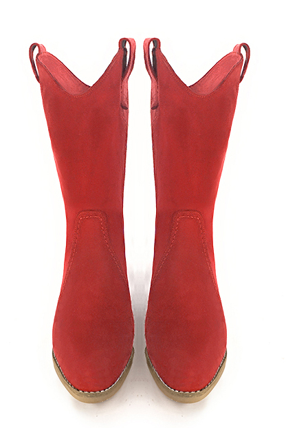 Scarlet red women's ankle boots with a zip on the inside. Round toe. Low leather soles. Top view - Florence KOOIJMAN