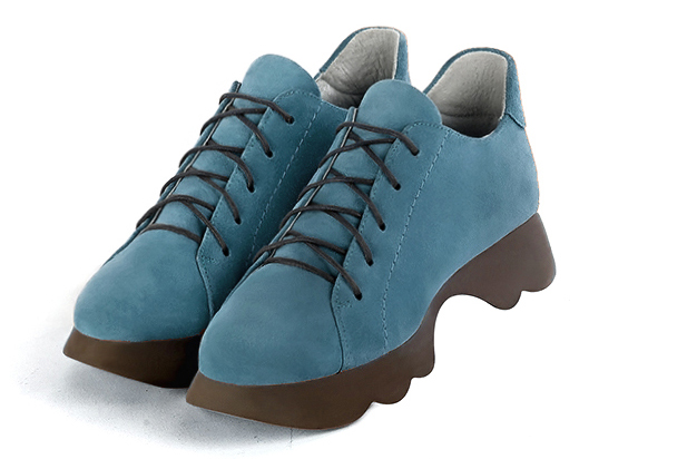 Peacock blue women's casual lace-up shoes.. Front view - Florence KOOIJMAN