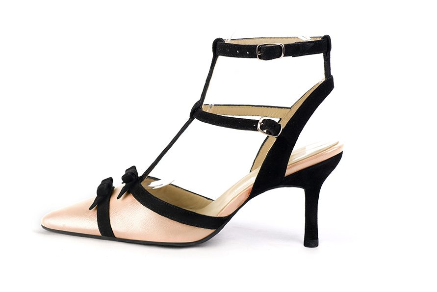 Powder pink and matt black women's open back T-strap shoes. Tapered toe. High slim heel. Profile view - Florence KOOIJMAN