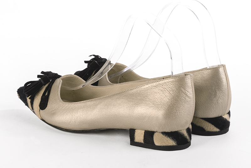 Safari black and gold women's dress pumps, with a knot on the front. Pointed toe. Flat block heels. Rear view - Florence KOOIJMAN